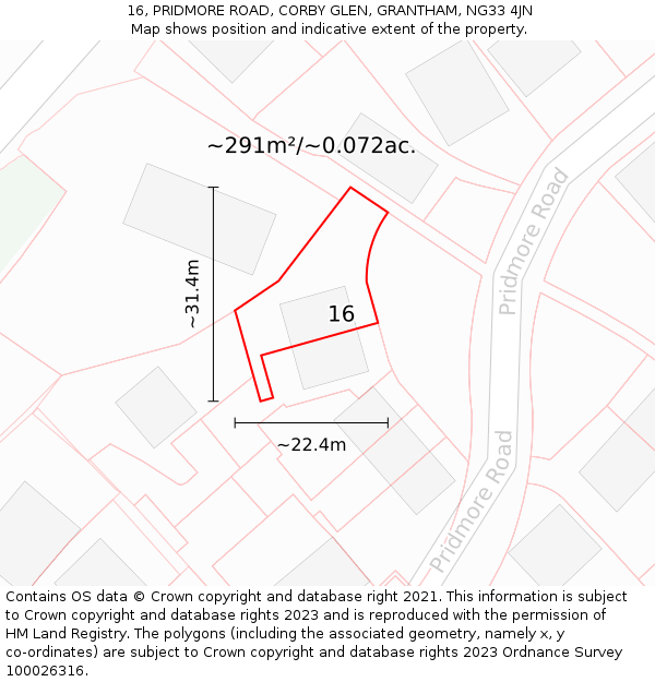 16, PRIDMORE ROAD, CORBY GLEN, GRANTHAM, NG33 4JN: Plot and title map