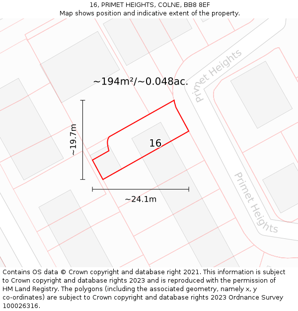 16, PRIMET HEIGHTS, COLNE, BB8 8EF: Plot and title map