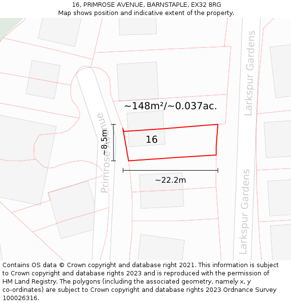 16, PRIMROSE AVENUE, BARNSTAPLE, EX32 8RG: Plot and title map