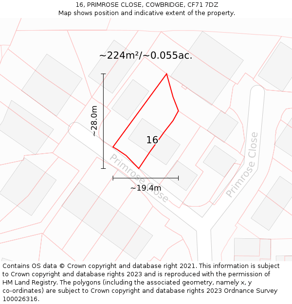 16, PRIMROSE CLOSE, COWBRIDGE, CF71 7DZ: Plot and title map