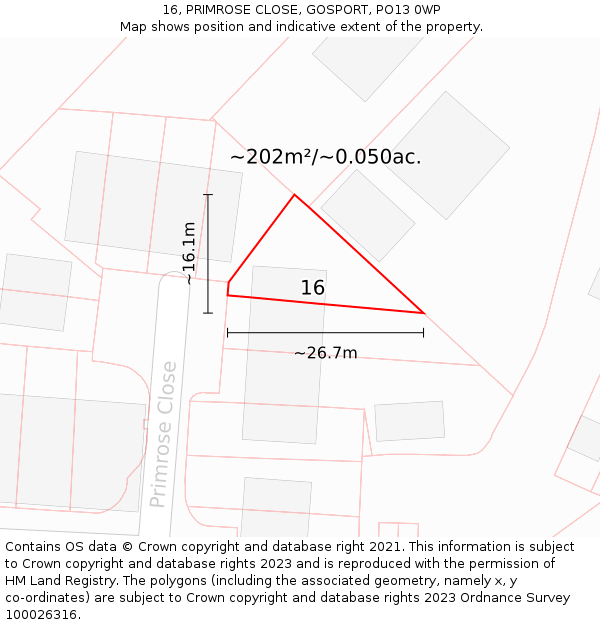 16, PRIMROSE CLOSE, GOSPORT, PO13 0WP: Plot and title map