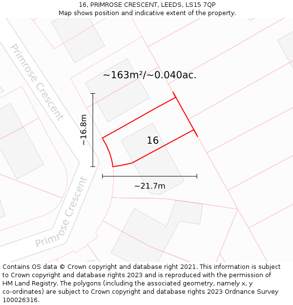 16, PRIMROSE CRESCENT, LEEDS, LS15 7QP: Plot and title map