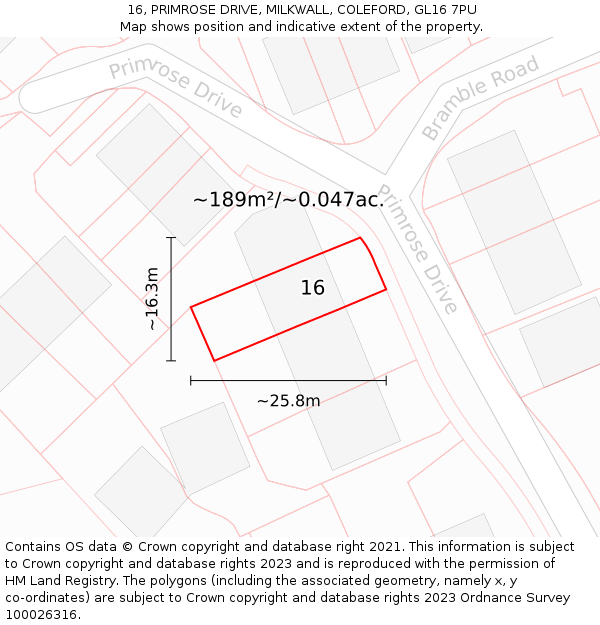 16, PRIMROSE DRIVE, MILKWALL, COLEFORD, GL16 7PU: Plot and title map