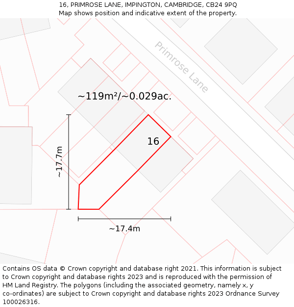 16, PRIMROSE LANE, IMPINGTON, CAMBRIDGE, CB24 9PQ: Plot and title map