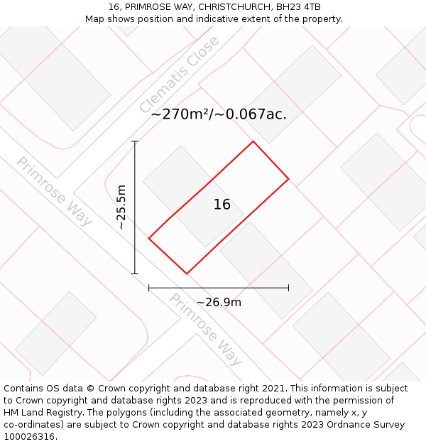 16, PRIMROSE WAY, CHRISTCHURCH, BH23 4TB: Plot and title map