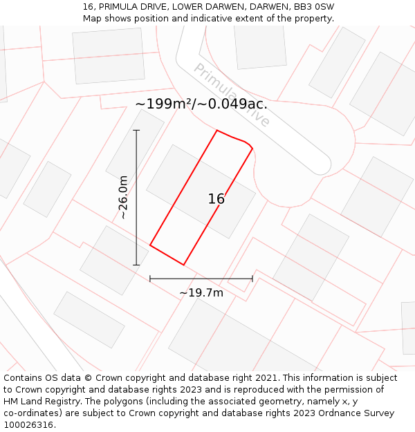 16, PRIMULA DRIVE, LOWER DARWEN, DARWEN, BB3 0SW: Plot and title map