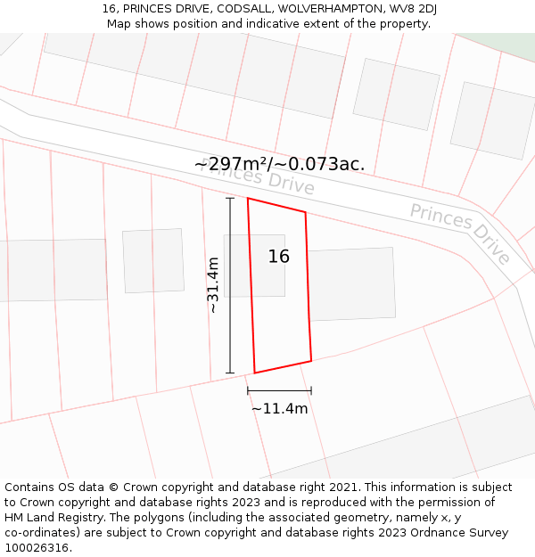 16, PRINCES DRIVE, CODSALL, WOLVERHAMPTON, WV8 2DJ: Plot and title map