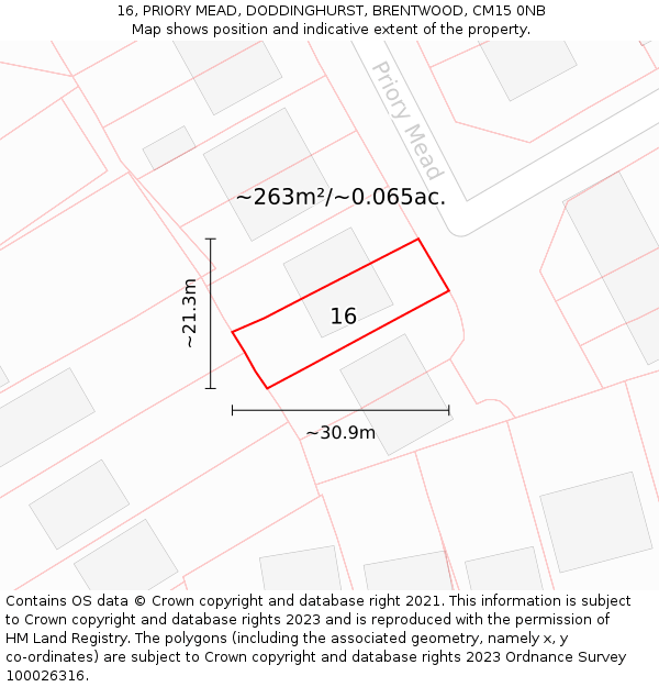 16, PRIORY MEAD, DODDINGHURST, BRENTWOOD, CM15 0NB: Plot and title map