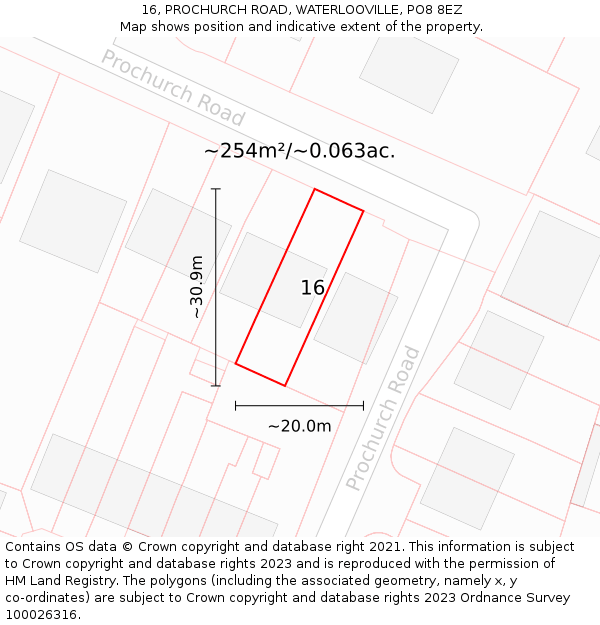 16, PROCHURCH ROAD, WATERLOOVILLE, PO8 8EZ: Plot and title map