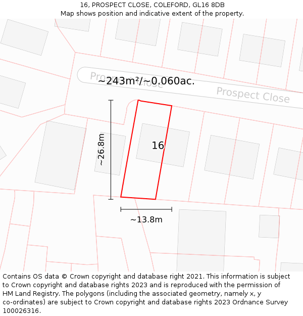 16, PROSPECT CLOSE, COLEFORD, GL16 8DB: Plot and title map