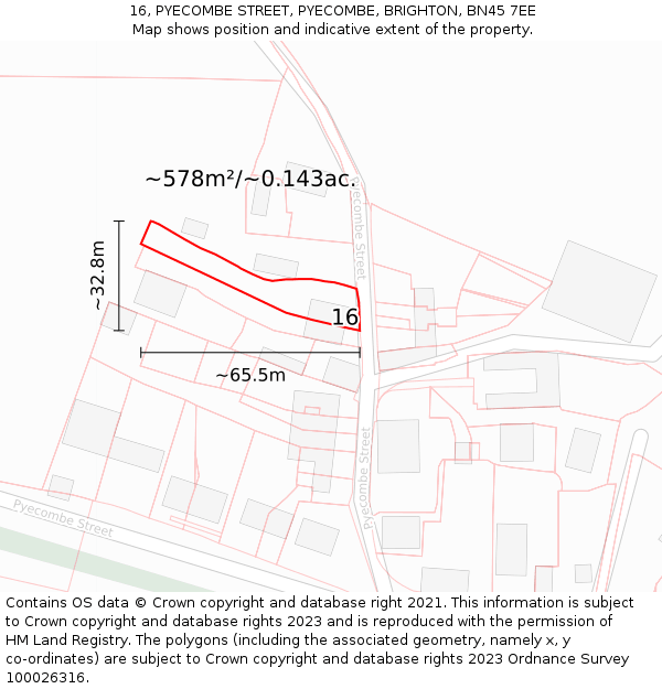 16, PYECOMBE STREET, PYECOMBE, BRIGHTON, BN45 7EE: Plot and title map