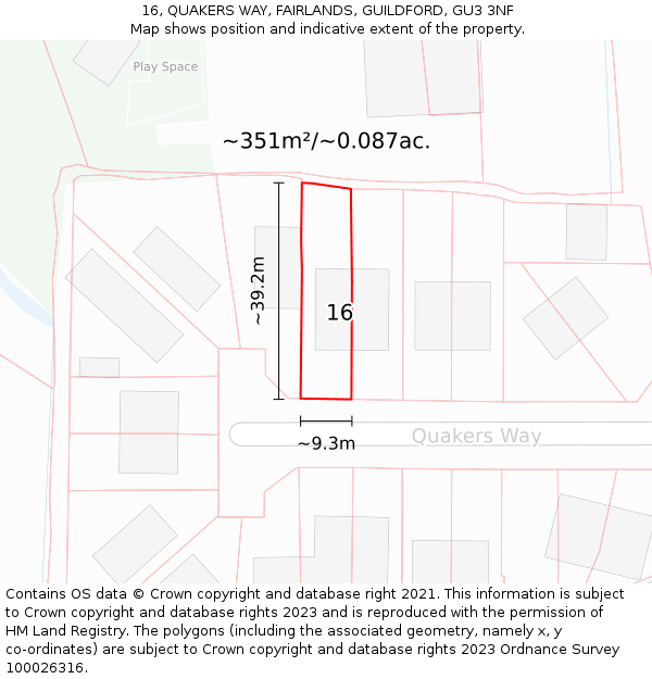 16, QUAKERS WAY, FAIRLANDS, GUILDFORD, GU3 3NF: Plot and title map