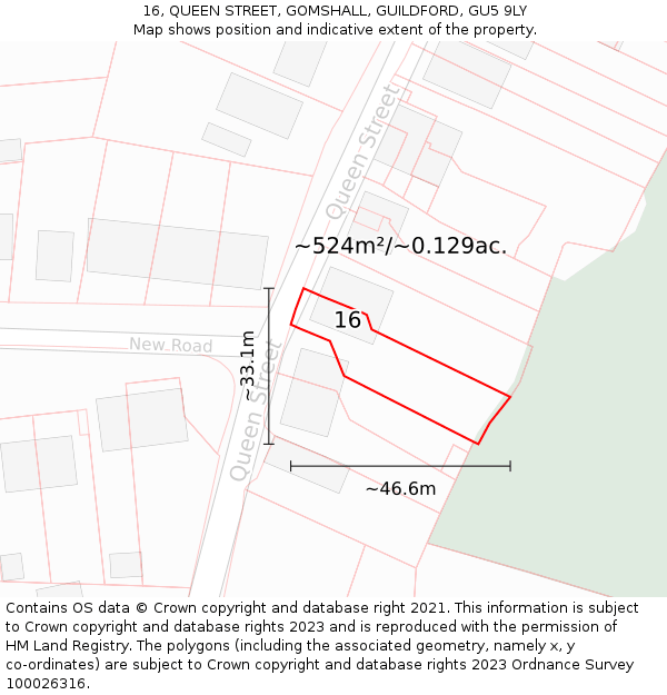 16, QUEEN STREET, GOMSHALL, GUILDFORD, GU5 9LY: Plot and title map