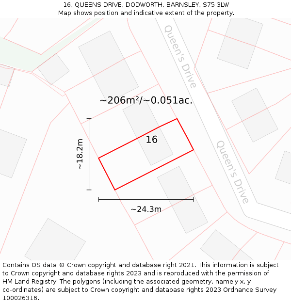 16, QUEENS DRIVE, DODWORTH, BARNSLEY, S75 3LW: Plot and title map