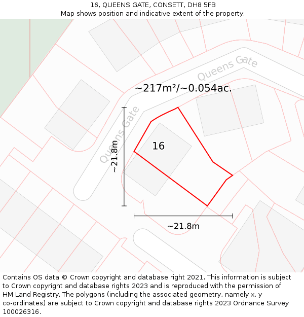 16, QUEENS GATE, CONSETT, DH8 5FB: Plot and title map