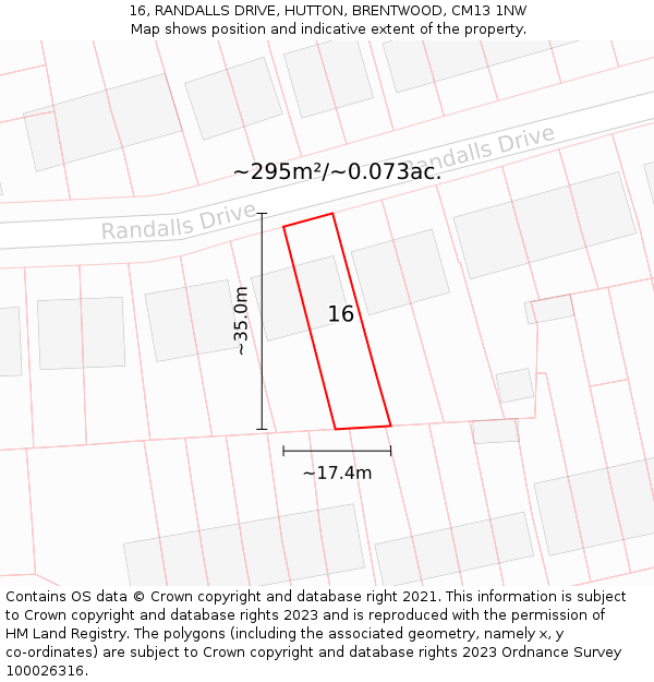16, RANDALLS DRIVE, HUTTON, BRENTWOOD, CM13 1NW: Plot and title map