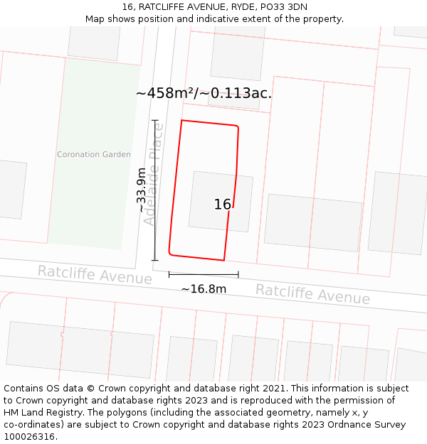 16, RATCLIFFE AVENUE, RYDE, PO33 3DN: Plot and title map