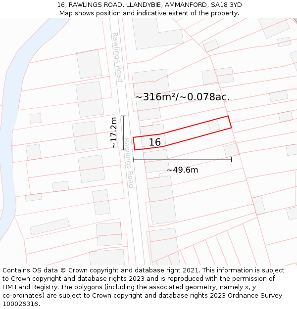 16, RAWLINGS ROAD, LLANDYBIE, AMMANFORD, SA18 3YD: Plot and title map