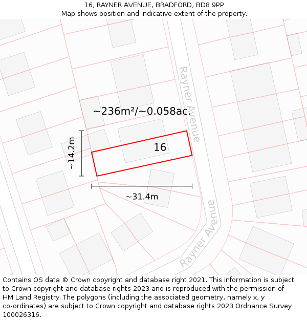 16, RAYNER AVENUE, BRADFORD, BD8 9PP: Plot and title map