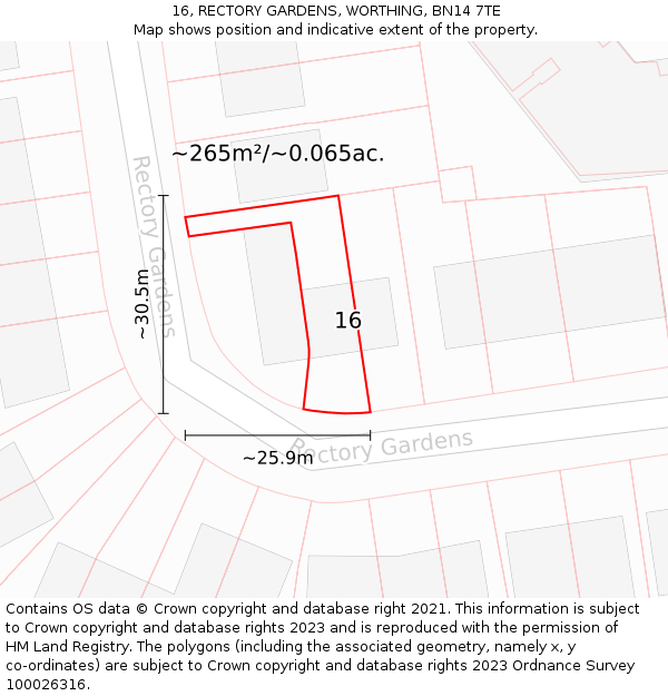 16, RECTORY GARDENS, WORTHING, BN14 7TE: Plot and title map