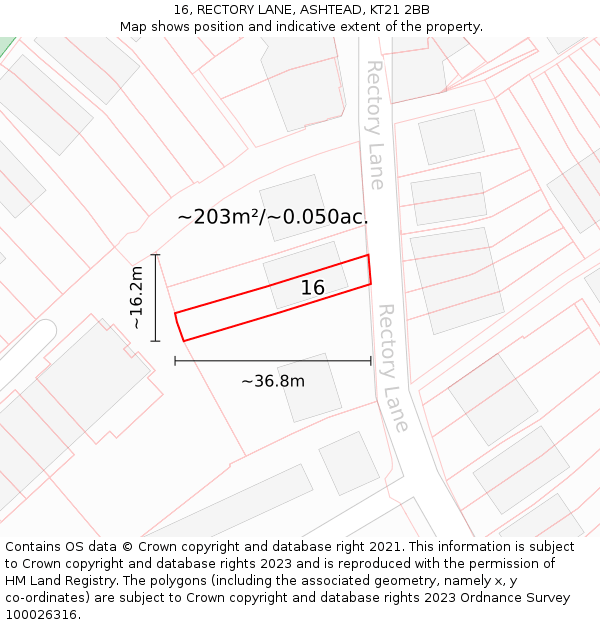 16, RECTORY LANE, ASHTEAD, KT21 2BB: Plot and title map