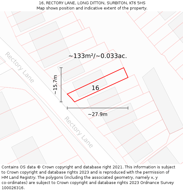 16, RECTORY LANE, LONG DITTON, SURBITON, KT6 5HS: Plot and title map