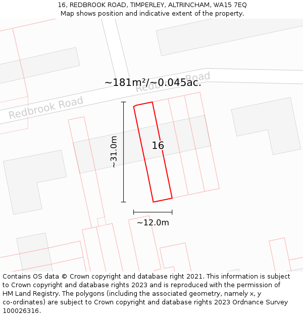 16, REDBROOK ROAD, TIMPERLEY, ALTRINCHAM, WA15 7EQ: Plot and title map