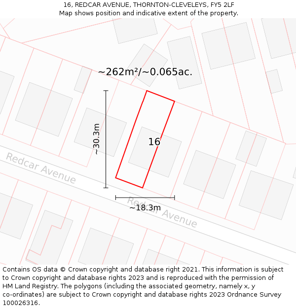 16, REDCAR AVENUE, THORNTON-CLEVELEYS, FY5 2LF: Plot and title map