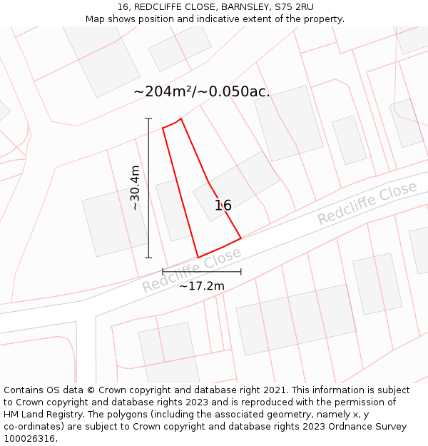 16, REDCLIFFE CLOSE, BARNSLEY, S75 2RU: Plot and title map