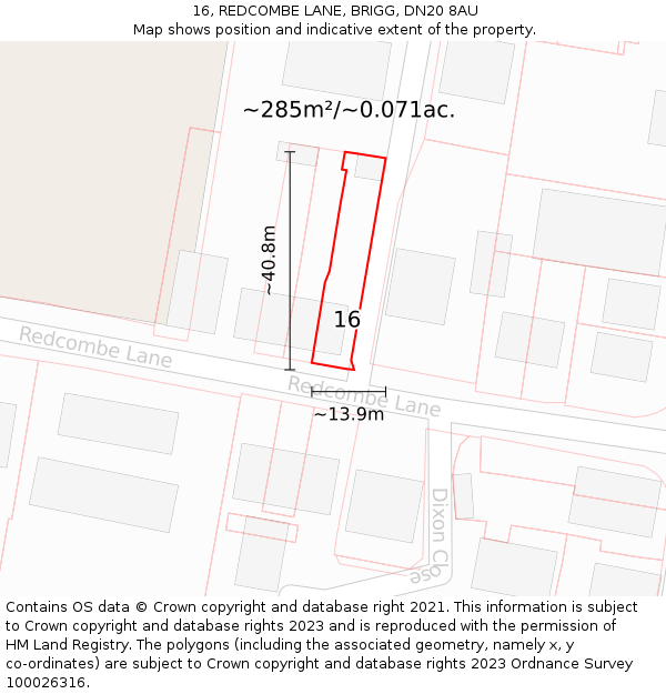 16, REDCOMBE LANE, BRIGG, DN20 8AU: Plot and title map