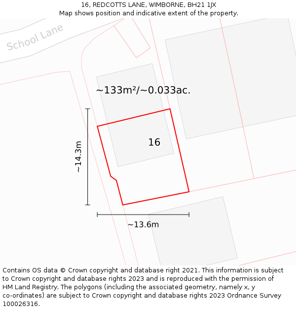 16, REDCOTTS LANE, WIMBORNE, BH21 1JX: Plot and title map