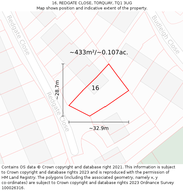 16, REDGATE CLOSE, TORQUAY, TQ1 3UG: Plot and title map