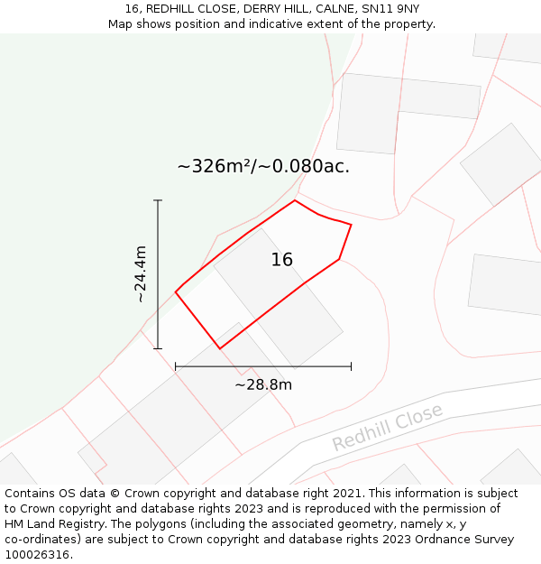 16, REDHILL CLOSE, DERRY HILL, CALNE, SN11 9NY: Plot and title map