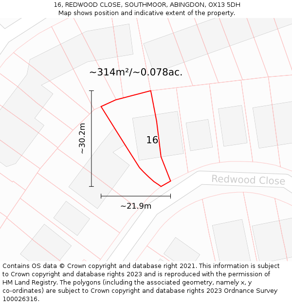 16, REDWOOD CLOSE, SOUTHMOOR, ABINGDON, OX13 5DH: Plot and title map