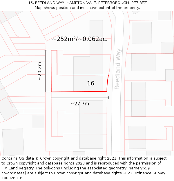 16, REEDLAND WAY, HAMPTON VALE, PETERBOROUGH, PE7 8EZ: Plot and title map