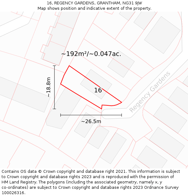 16, REGENCY GARDENS, GRANTHAM, NG31 9JW: Plot and title map
