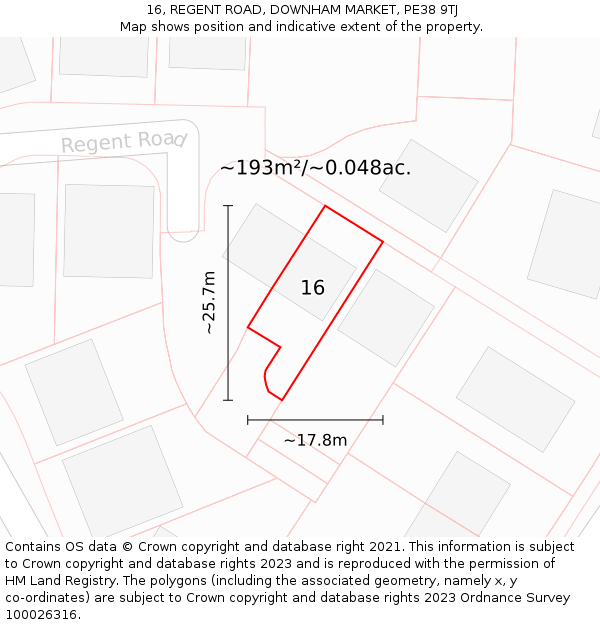 16, REGENT ROAD, DOWNHAM MARKET, PE38 9TJ: Plot and title map