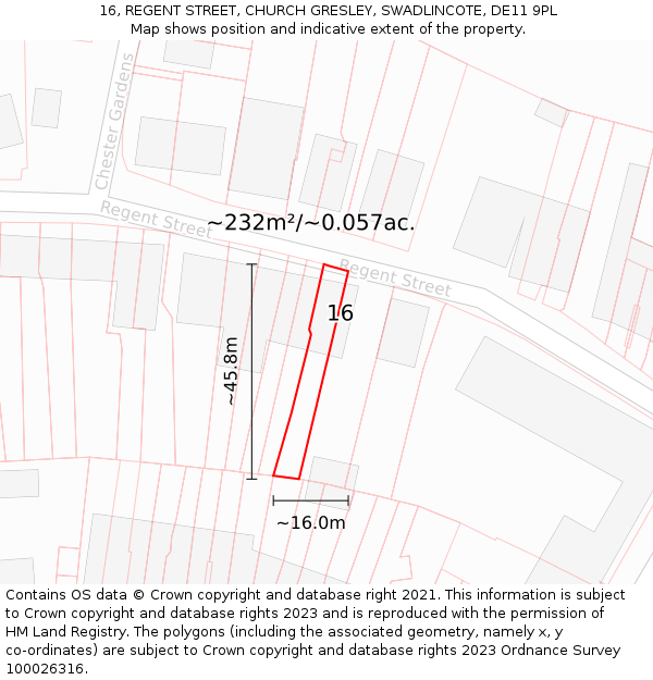 16, REGENT STREET, CHURCH GRESLEY, SWADLINCOTE, DE11 9PL: Plot and title map