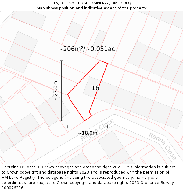 16, REGNA CLOSE, RAINHAM, RM13 9FQ: Plot and title map