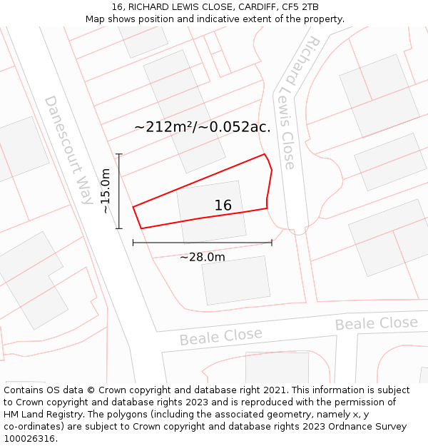 16, RICHARD LEWIS CLOSE, CARDIFF, CF5 2TB: Plot and title map