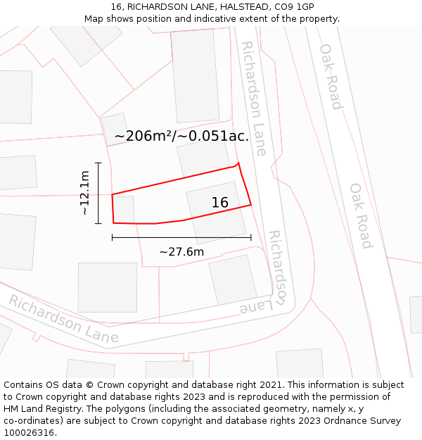 16, RICHARDSON LANE, HALSTEAD, CO9 1GP: Plot and title map