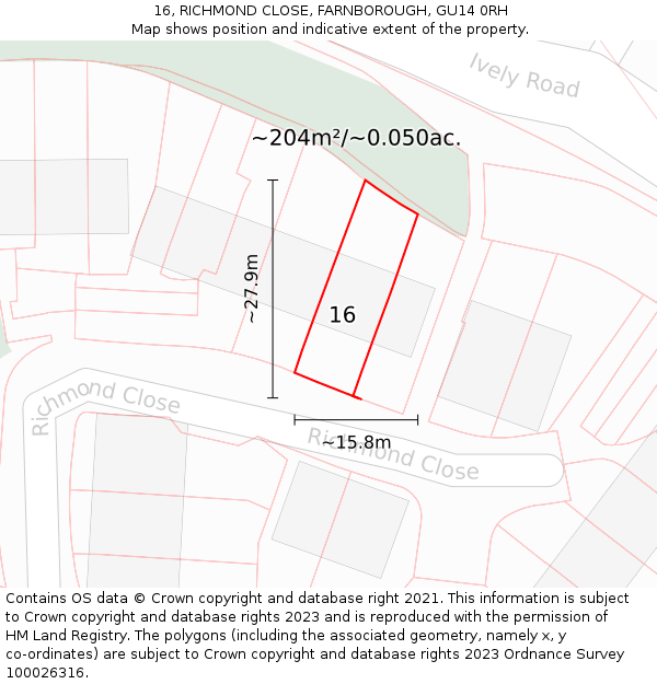 16, RICHMOND CLOSE, FARNBOROUGH, GU14 0RH: Plot and title map