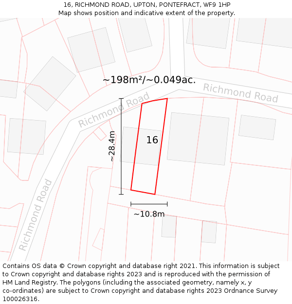 16, RICHMOND ROAD, UPTON, PONTEFRACT, WF9 1HP: Plot and title map