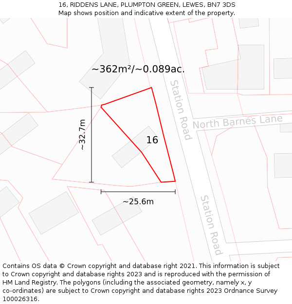 16, RIDDENS LANE, PLUMPTON GREEN, LEWES, BN7 3DS: Plot and title map