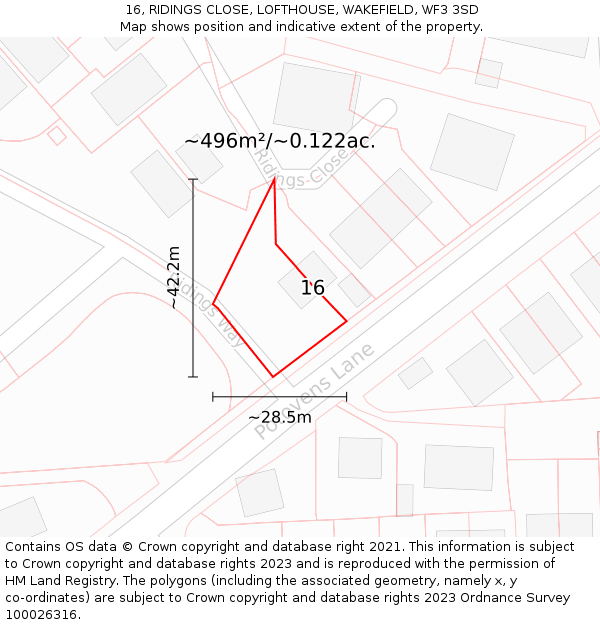 16, RIDINGS CLOSE, LOFTHOUSE, WAKEFIELD, WF3 3SD: Plot and title map