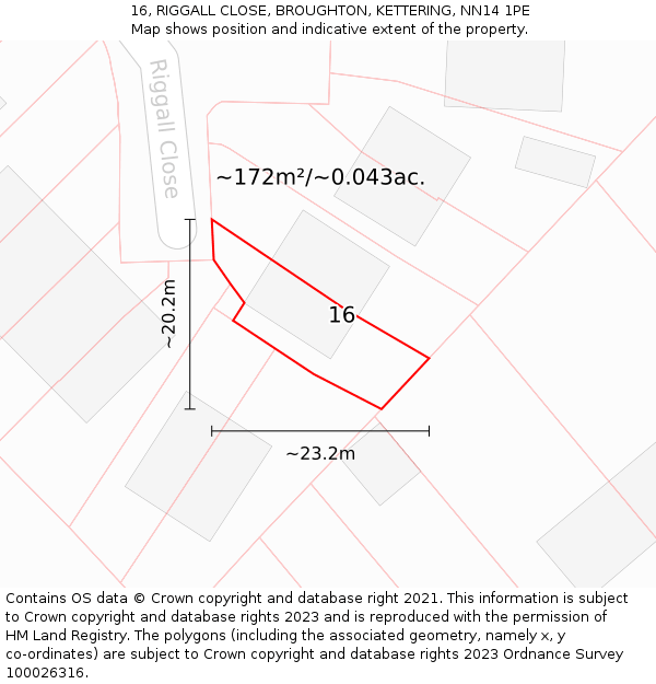 16, RIGGALL CLOSE, BROUGHTON, KETTERING, NN14 1PE: Plot and title map
