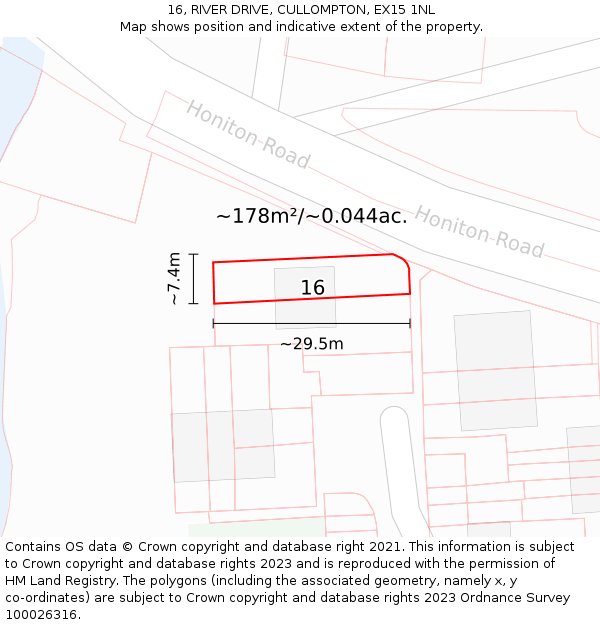 16, RIVER DRIVE, CULLOMPTON, EX15 1NL: Plot and title map