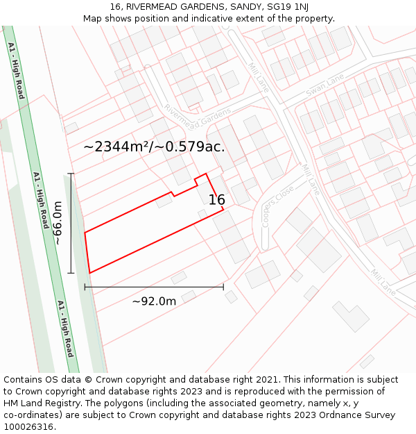 16, RIVERMEAD GARDENS, SANDY, SG19 1NJ: Plot and title map