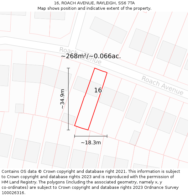 16, ROACH AVENUE, RAYLEIGH, SS6 7TA: Plot and title map