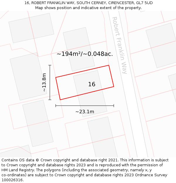 16, ROBERT FRANKLIN WAY, SOUTH CERNEY, CIRENCESTER, GL7 5UD: Plot and title map